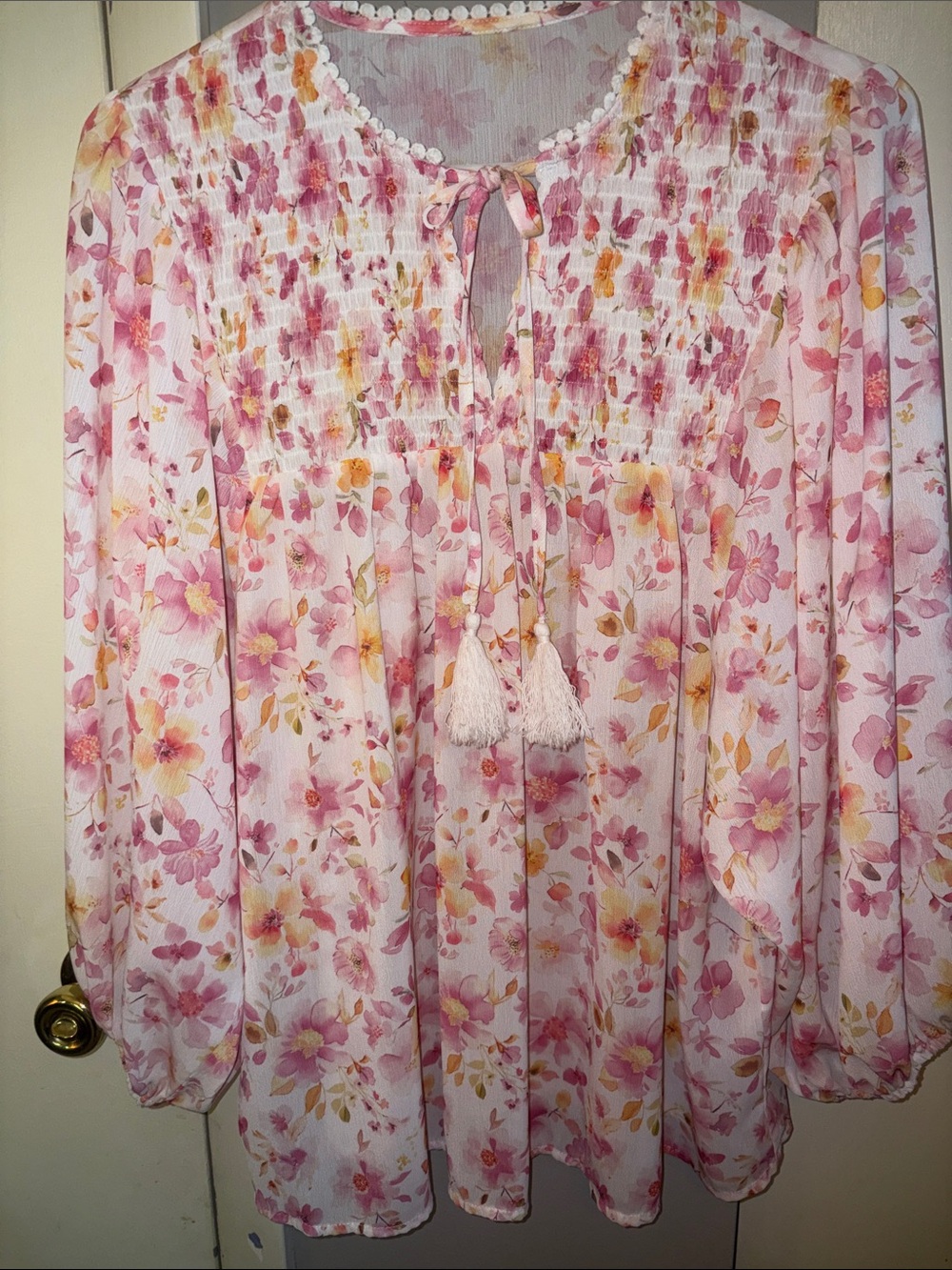 Pink Floral Boho Peasant Blouse with Tassel Tie